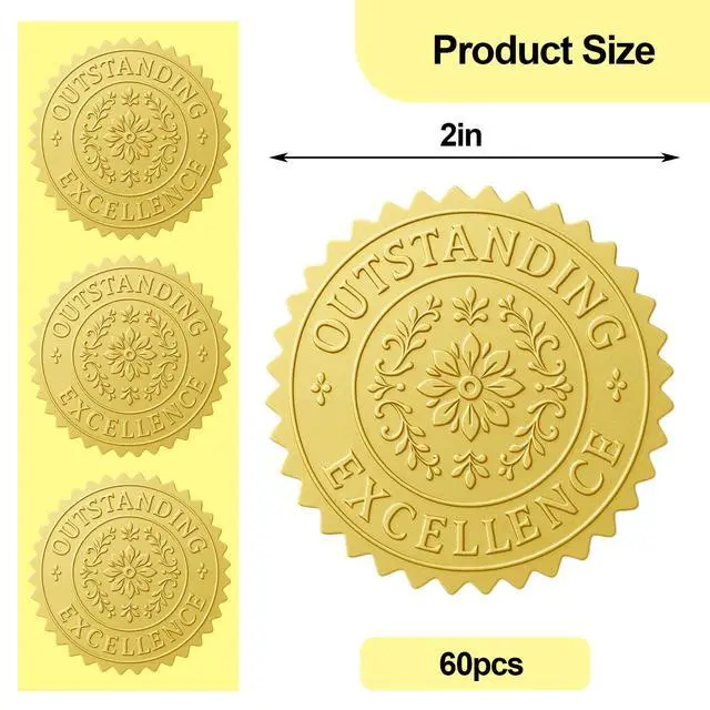 Alt view image 2 of 6 - 2 Inch Gold Foil Certificate Seals60 pcs Embossed Seals Stickers for Awards, Diplomas, Graduation, Excellence & Superior Self-Adhesive, Waterproof, Medal-Like Design for Envelopes & Gifts