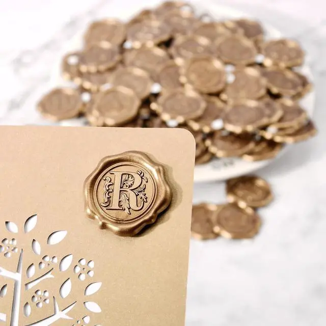 Alt view image 5 of 7 - Antique Gold Initial Alphabet Adhesive Wax Seal Stickers, 50-Pack, Letter R | Decor for Thanksgiving cards, Gift wrap, Christmas Card, Wedding invitations, Party invitation, Envelope, Seat Card, Menu