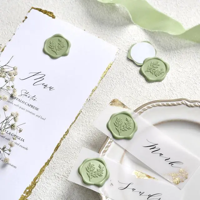 Alt view image 6 of 7 - Wax Seal Stickers - Eucalyptus Wedding Invitation Envelope Seal Stickers, 50 Pcs Self- Adhesive Sage Green Stickers, Perfect for Invitation, Christmas, Gift Wrapping