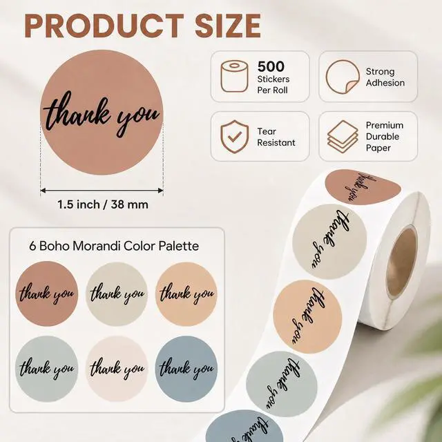 Alt view image 2 of 7 - 500 Pcs Thank You Stickers Roll, Morandi Boho 6 Colors with Bold Font, 1.5 Inch Round Waterproof Self-Adhesive Labels for Small Business Packaging, Gift Boxes, Bags, Envelopes & Shipping Orders