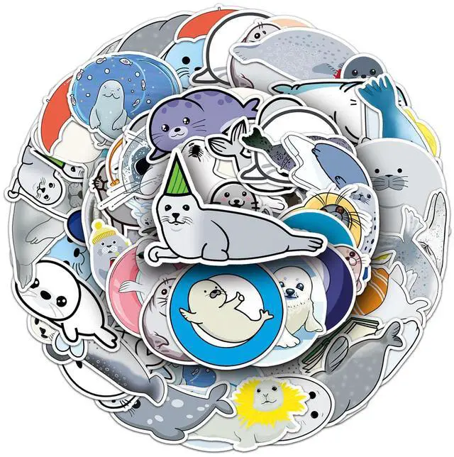 Main image of 50Pcs Cute Seal Stickers, Waterproof Vinyl Cartoon Animal Stickers for Water Bottles, Laptop, Luggage, Skateboard, Scrapbook, Guitar, Luggage, Cup Kids Teens Adults Gift