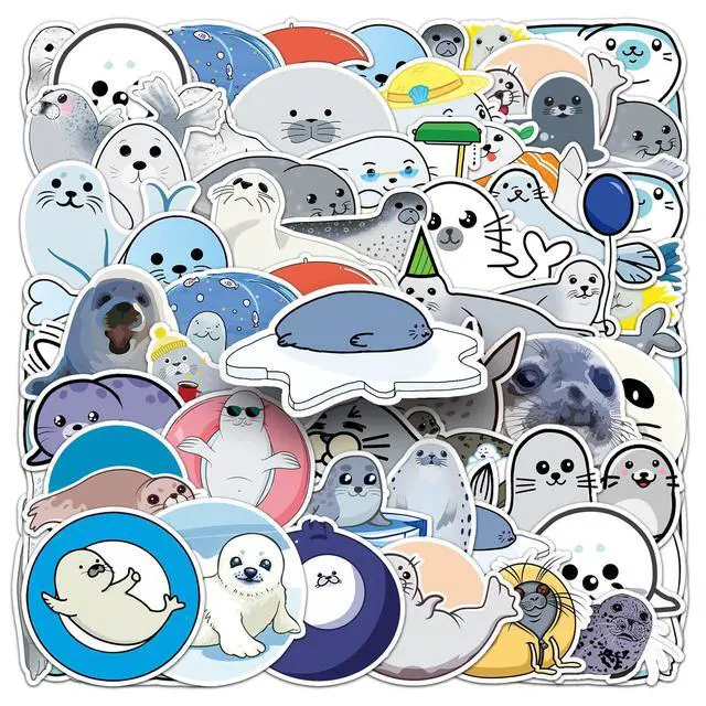 Alt view image 6 of 6 - 50Pcs Cute Seal Stickers, Waterproof Vinyl Cartoon Animal Stickers for Water Bottles, Laptop, Luggage, Skateboard, Scrapbook, Guitar, Luggage, Cup Kids Teens Adults Gift