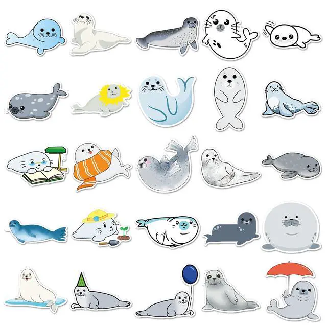 Alt view image 3 of 6 - 50Pcs Cute Seal Stickers, Waterproof Vinyl Cartoon Animal Stickers for Water Bottles, Laptop, Luggage, Skateboard, Scrapbook, Guitar, Luggage, Cup Kids Teens Adults Gift