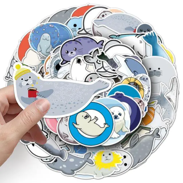 Alt view image 4 of 6 - 50Pcs Cute Seal Stickers, Waterproof Vinyl Cartoon Animal Stickers for Water Bottles, Laptop, Luggage, Skateboard, Scrapbook, Guitar, Luggage, Cup Kids Teens Adults Gift