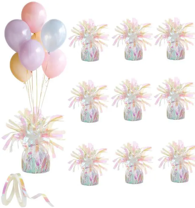 Main image of Balloon Weights - 9 Pack with Curling Ribbon Lridescent 100g, Metallic Balloon Anchor Set for Helium Balloons, Heavy Duty Balloon Holders for Party Decorations Birthday Wedding Events