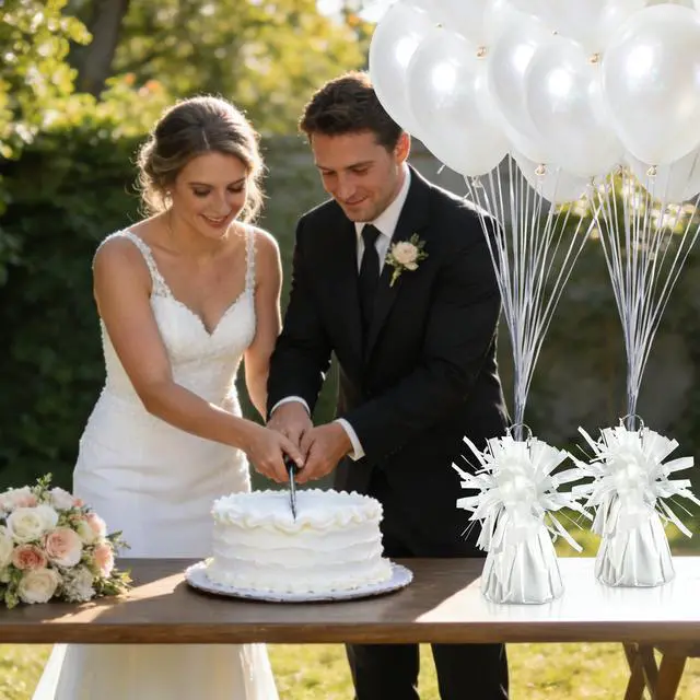 Alt view image 6 of 7 - 9 PCS Metallic Wrapped Balloons Weights White Helium Balloon Weight Balloon Anchors for Graduation Birthday Wedding Indoor Outdoor Celebrations