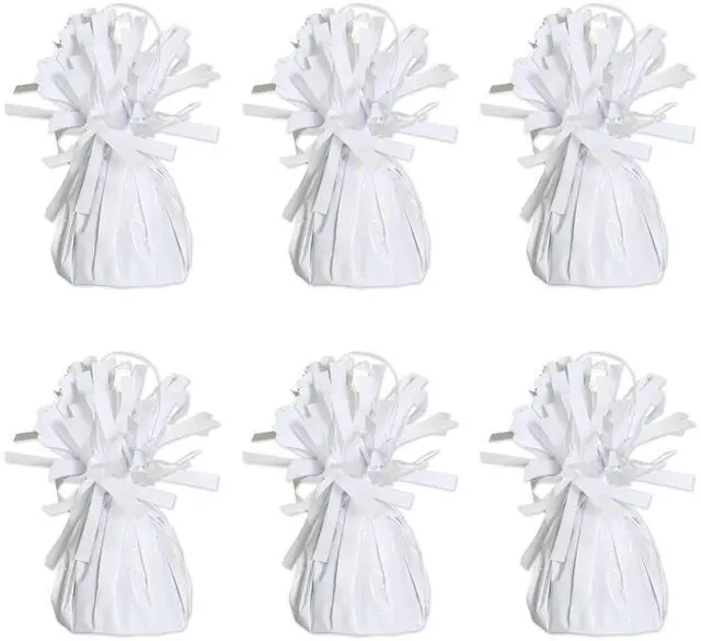 Main image of White Metallic Plastic Wrapped Balloon Weights For Birthday Parties, Weddings, Anniversaries, Table Décor, Celebrating With You Since 1900, 5.5" x 2.5", 6 Piece