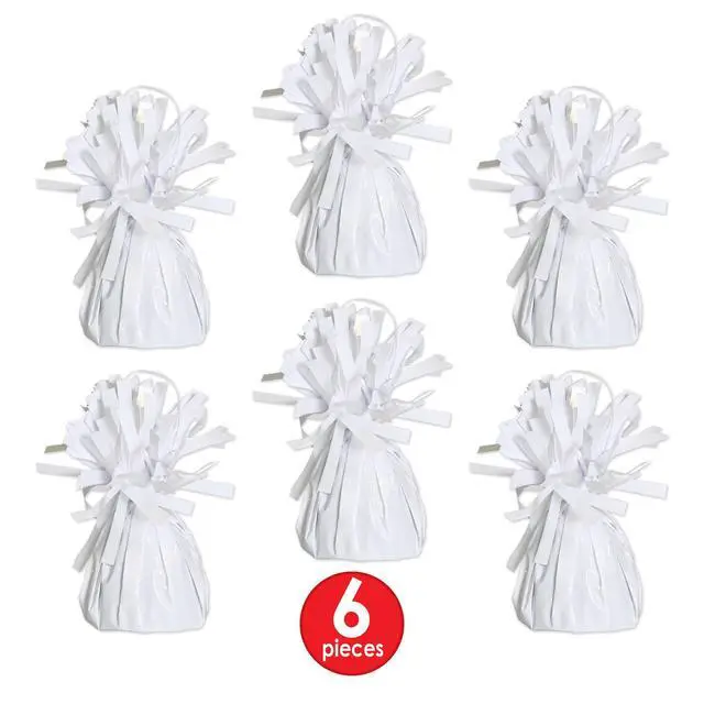 Alt view image 3 of 6 - White Metallic Plastic Wrapped Balloon Weights For Birthday Parties, Weddings, Anniversaries, Table Décor, Celebrating With You Since 1900, 5.5" x 2.5", 6 Piece