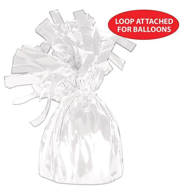 Alt view image 5 of 6 - White Metallic Plastic Wrapped Balloon Weights For Birthday Parties, Weddings, Anniversaries, Table Décor, Celebrating With You Since 1900, 5.5" x 2.5", 6 Piece