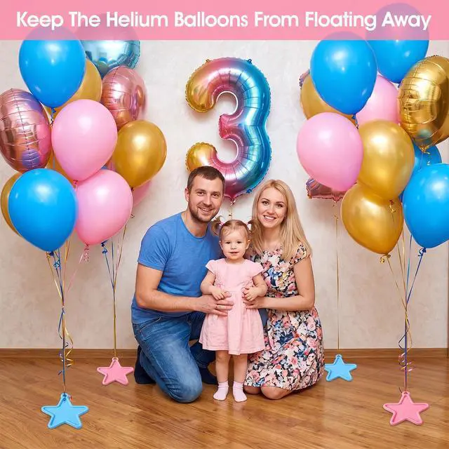 Alt view image 4 of 7 - 120 Pcs Balloon Weights Small Plastic, Plastic Balloon Weights Bulk for Birthday Party Decoration with Black Velvet Storage Bag (Star Shaped, 60 Pink & 60 Blue)