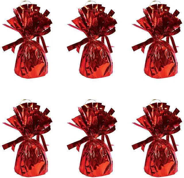 Main image of Metallic Plastic Wrapped Balloon Weight Holders For Birthday Party Decorations, Red - 6 Piece