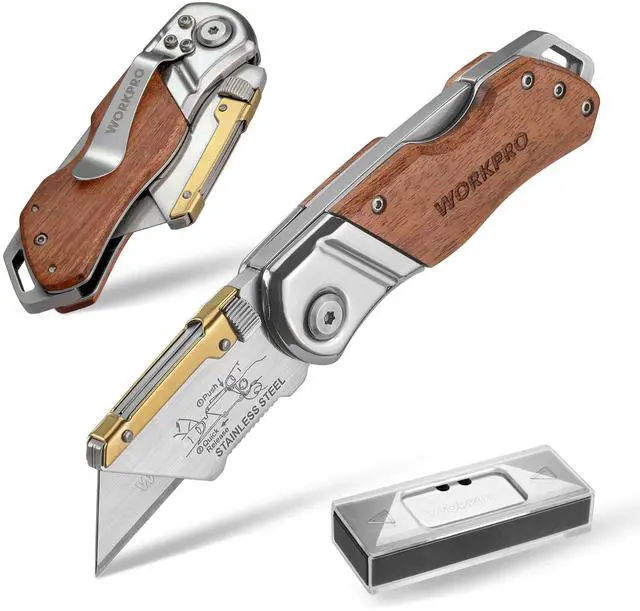 Main image of Folding Utility Knife with Belt Clip and Extra 10-piece Blades, Wood Handle Heavy Duty Cutter, Quick-change & Back Lock