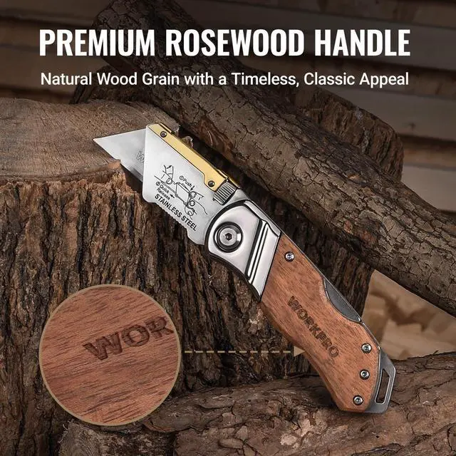 Alt view image 3 of 7 - Folding Utility Knife with Belt Clip and Extra 10-piece Blades, Wood Handle Heavy Duty Cutter, Quick-change & Back Lock
