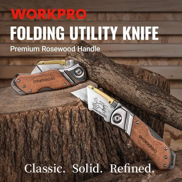 Alt view image 2 of 7 - Folding Utility Knife with Belt Clip and Extra 10-piece Blades, Wood Handle Heavy Duty Cutter, Quick-change & Back Lock