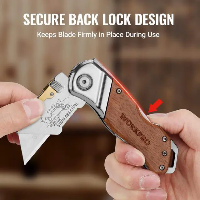 Alt view image 6 of 7 - Folding Utility Knife with Belt Clip and Extra 10-piece Blades, Wood Handle Heavy Duty Cutter, Quick-change & Back Lock