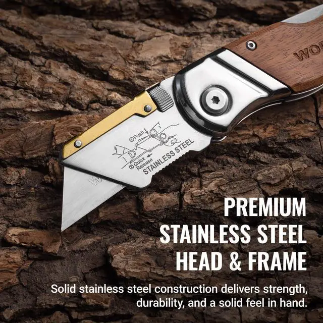 Alt view image 4 of 7 - Folding Utility Knife with Belt Clip and Extra 10-piece Blades, Wood Handle Heavy Duty Cutter, Quick-change & Back Lock