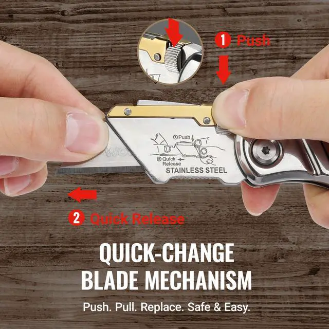 Alt view image 5 of 7 - Folding Utility Knife with Belt Clip and Extra 10-piece Blades, Wood Handle Heavy Duty Cutter, Quick-change & Back Lock