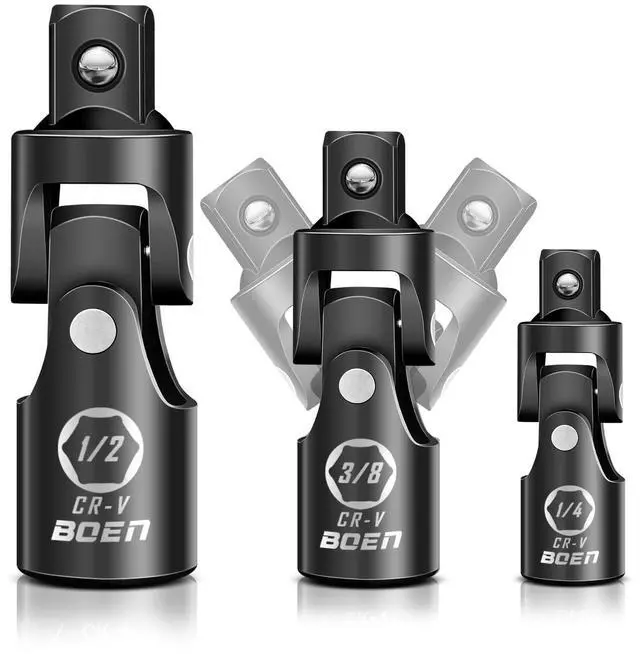Main image of BOEN Universal Joint Socket Adapter Set | 3-Piece Ball Spring Design 1/2", 3/8", and 1/4" U-Joint Drive | Chrome Vanadium Steel Universal Joint Set