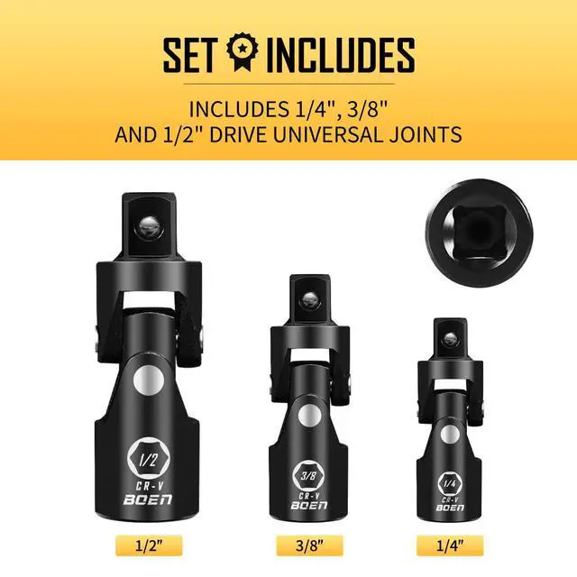 Alt view image 2 of 7 - BOEN Universal Joint Socket Adapter Set | 3-Piece Ball Spring Design 1/2", 3/8", and 1/4" U-Joint Drive | Chrome Vanadium Steel Universal Joint Set