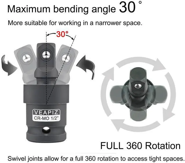 Alt view image 3 of 7 - 3Pcs Impact Universal Joint Socket Swivel Set | 1/4", 3/8", 1/2" Drive Socket Extension Set Cr-Mo Steel Universal Joint Adapter