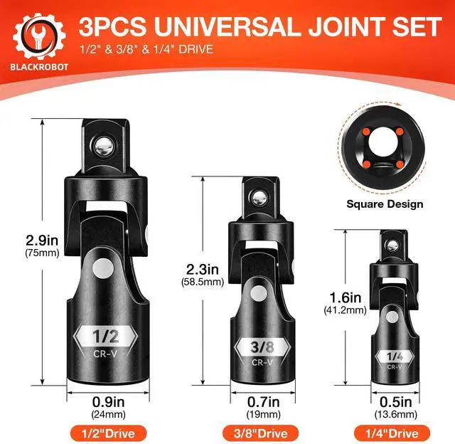 Alt view image 2 of 7 - Universal Joint Set 3PCS, 1/2" 3/8" 1/4" Drive Socket Adapter Set, Premium CR-V Steel Swivel Socket Set, Access Fasteners at Any Angle