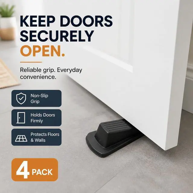 Alt view image 4 of 7 - 4-Pack HD 5" Rubber Grip Wedge Doorstops Black | Non Slip Grip Holds Doors Open On Hard Floors And Carpet Alike