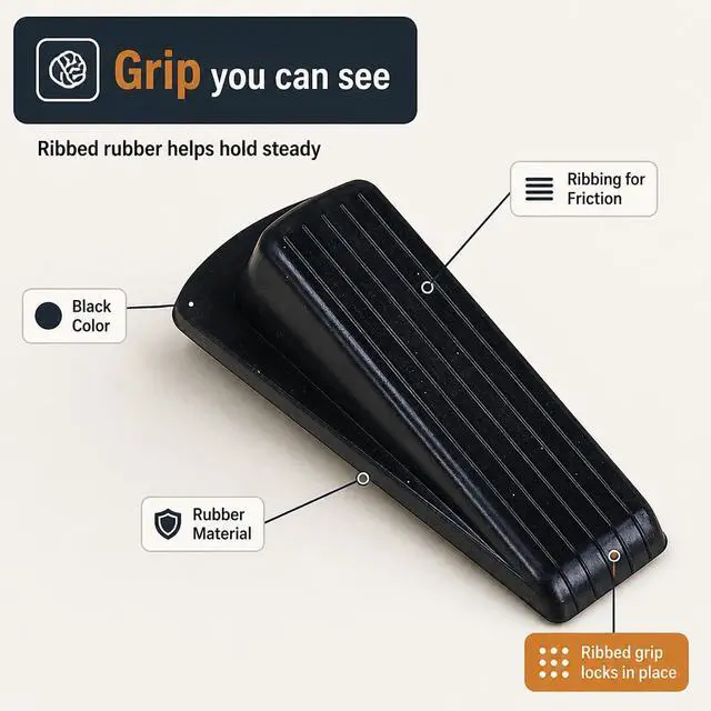 Alt view image 7 of 7 - 4-Pack HD 5" Rubber Grip Wedge Doorstops Black | Non Slip Grip Holds Doors Open On Hard Floors And Carpet Alike