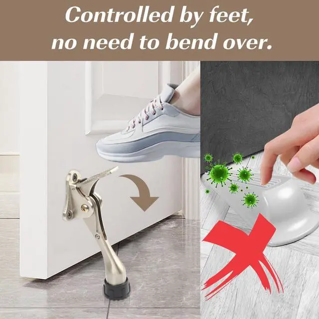 Alt view image 2 of 6 - Kickdown Door Stopper 4Inches - One Packs One Touch Adjustable Height Door Stop for The Bottom of Door The Bottom of Door Aluminum Alloy Metal Door Stopper with Rubber Tip Satin Nickel