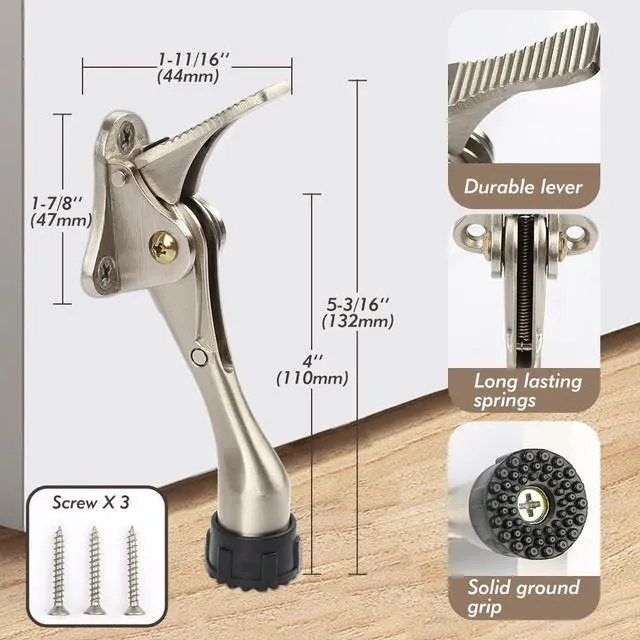 Alt view image 3 of 6 - Kickdown Door Stopper 4Inches - One Packs One Touch Adjustable Height Door Stop for The Bottom of Door The Bottom of Door Aluminum Alloy Metal Door Stopper with Rubber Tip Satin Nickel