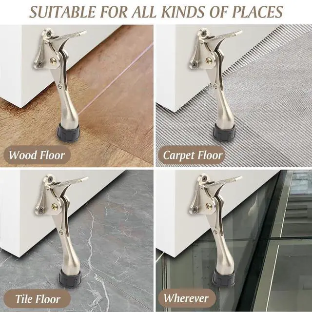 Alt view image 5 of 6 - Kickdown Door Stopper 4Inches - One Packs One Touch Adjustable Height Door Stop for The Bottom of Door The Bottom of Door Aluminum Alloy Metal Door Stopper with Rubber Tip Satin Nickel