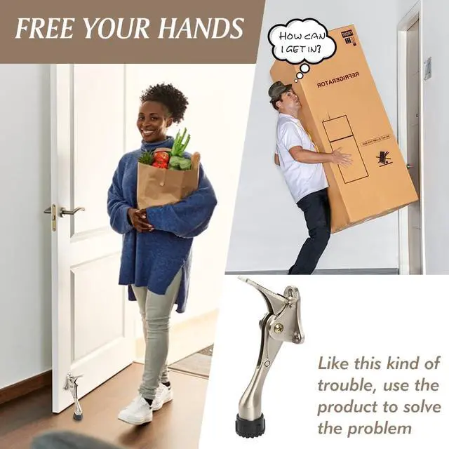 Alt view image 4 of 6 - Kickdown Door Stopper 4Inches - One Packs One Touch Adjustable Height Door Stop for The Bottom of Door The Bottom of Door Aluminum Alloy Metal Door Stopper with Rubber Tip Satin Nickel