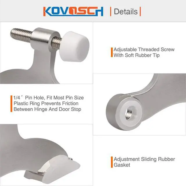 Alt view image 4 of 6 - 2 Pack Hinge Pin Door Stopper Brushed Satin Nickel - Adjustable Heavy Duty Hinge Pin Door Stop with White Rubber Bumper Tips