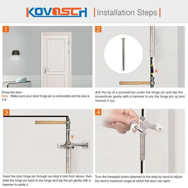 Alt view image 6 of 6 - 2 Pack Hinge Pin Door Stopper Brushed Satin Nickel - Adjustable Heavy Duty Hinge Pin Door Stop with White Rubber Bumper Tips