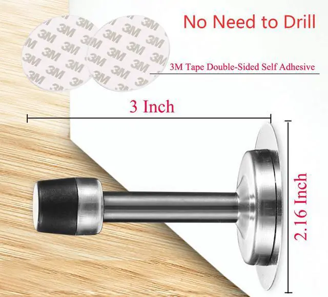 Alt view image 2 of 7 - No Need to Drill/Screw in Wall Mounted Door Stopper, 3M Self Adhesive Tape Stainless Steel Doorstops, Rubber Bumper Tip, Pack of 2 Wall Protector Bedroom Door Stops, 3 Inches Height, Silver