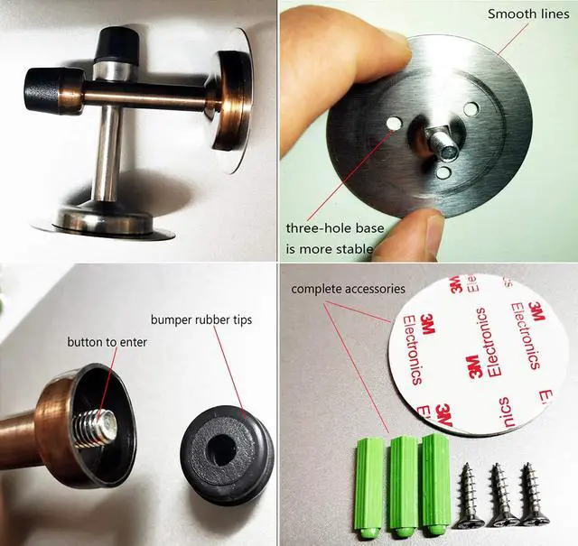 Alt view image 5 of 7 - No Need to Drill/Screw in Wall Mounted Door Stopper, 3M Self Adhesive Tape Stainless Steel Doorstops, Rubber Bumper Tip, Pack of 2 Wall Protector Bedroom Door Stops, 3 Inches Height, Silver