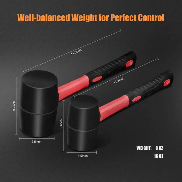 Alt view image 2 of 6 - Fiberglass Handle Rubber Mallet Hammer Set without Damage,2 Packs | Includes 8 OZ and 16 OZ, Soft Blow Tasks for Flooring, Tent Stakes, Woodworking, Camping