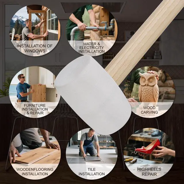 Alt view image 2 of 6 - Rubber Mallet - 12 oz Anti-Slip Wooden Handle Soft Double Face White Rubber Head Mallet for DIY, Tile Setting, Laminate Flooring Installs & More