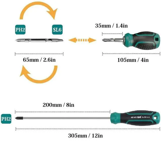 Alt view image 2 of 7 - 2-Piece 8" Long PH2 Phillips Screwdriver Set, Long & Short Magnetic Screwdriver Set