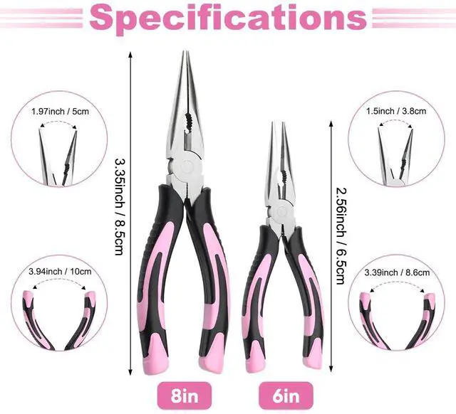Alt view image 2 of 7 - 2pcs 6& 8 Needle Nose Pliers,Large Soft Grip with Wire Cutter | Pink,Paper Clamp Precision, Heavy-Duty CRV Steel, Long Nose Cutting Pliers for Home, Fishing, Jewelry, Crafts