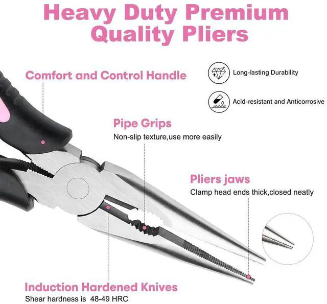 Alt view image 3 of 7 - 2pcs 6& 8 Needle Nose Pliers,Large Soft Grip with Wire Cutter | Pink,Paper Clamp Precision, Heavy-Duty CRV Steel, Long Nose Cutting Pliers for Home, Fishing, Jewelry, Crafts