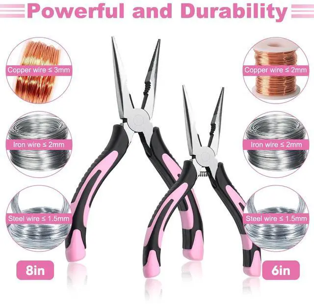 Alt view image 4 of 7 - 2pcs 6& 8 Needle Nose Pliers,Large Soft Grip with Wire Cutter | Pink,Paper Clamp Precision, Heavy-Duty CRV Steel, Long Nose Cutting Pliers for Home, Fishing, Jewelry, Crafts