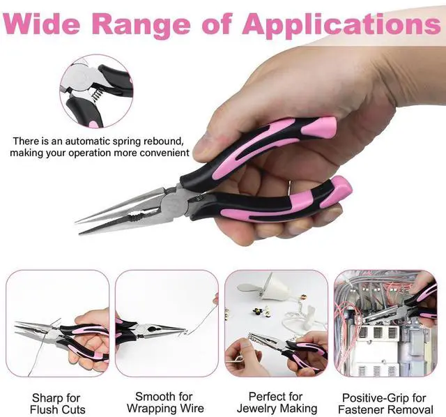 Alt view image 5 of 7 - 2pcs 6& 8 Needle Nose Pliers,Large Soft Grip with Wire Cutter | Pink,Paper Clamp Precision, Heavy-Duty CRV Steel, Long Nose Cutting Pliers for Home, Fishing, Jewelry, Crafts