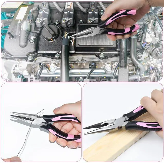 Alt view image 7 of 7 - 2pcs 6& 8 Needle Nose Pliers,Large Soft Grip with Wire Cutter | Pink,Paper Clamp Precision, Heavy-Duty CRV Steel, Long Nose Cutting Pliers for Home, Fishing, Jewelry, Crafts
