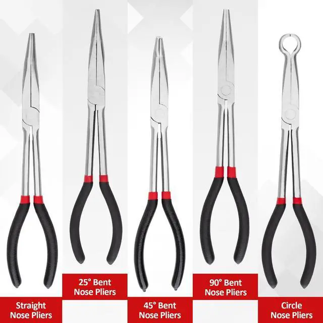 Alt view image 2 of 7 - 5Pcs Bent Nose Pliers 11 Inch Extra Long Needle Nose Pliers Set | Straight, 25°/45°/90° Bent, Circle Nose for Narrow Spaces, Hard to Reach Areas & Precision Work