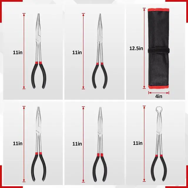 Alt view image 4 of 7 - 5Pcs Bent Nose Pliers 11 Inch Extra Long Needle Nose Pliers Set | Straight, 25°/45°/90° Bent, Circle Nose for Narrow Spaces, Hard to Reach Areas & Precision Work