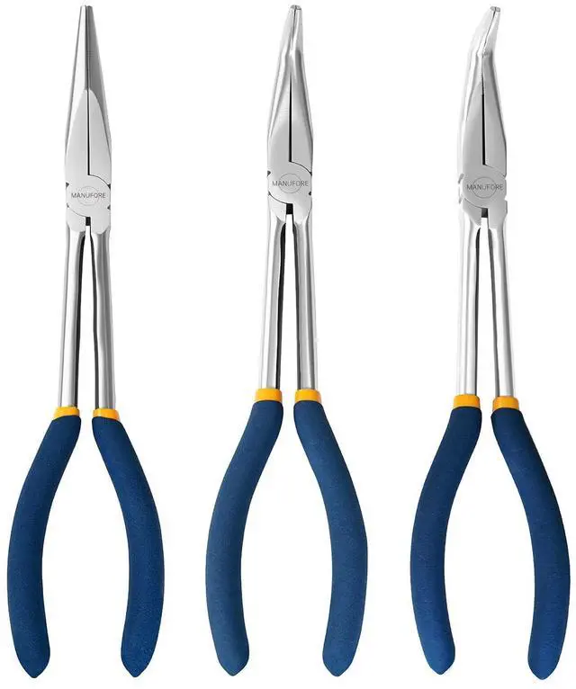 Main image of 11-Inch Long Reach Needle Nose Pliers, Straight, 45° & 90° Bent | 3-Piece Set, Comfort Grip for Better Control, High Carbon Steel, Great for Narrow Tight Spaces, Automotive Repair