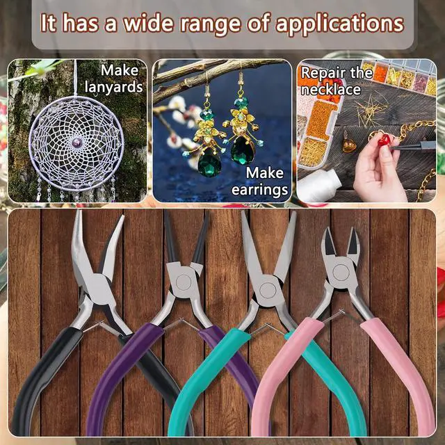 Alt view image 2 of 7 - 4Pcs Jewelry Pliers Set Jewelry Making Pliers Tools Kit Include Jewelry Making Needle Nose Chain Nose Round Bent Pliers Wire Cutter for Bracelet Beading DIY Craft Jewelry Making Supplies