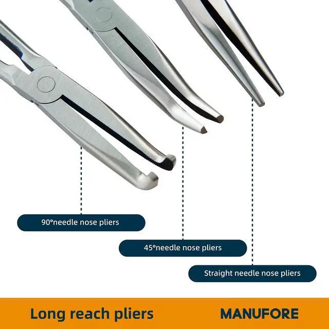 Alt view image 4 of 7 - 11-Inch Long Reach Needle Nose Pliers, Straight, 45° & 90° Bent | 3-Piece Set, Comfort Grip for Better Control, High Carbon Steel, Great for Narrow Tight Spaces, Automotive Repair
