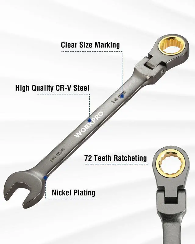Alt view image 2 of 7 - 14 mm Flex-Head Ratcheting Combination Wrench, Nickel Plating | Cr-V Constructed, 72-Teeth, 12 Point Design, Metric, For Home Improvement, Auto Repairs, Plumbing, Constructions, Machinery