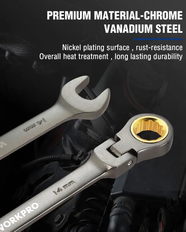 Alt view image 3 of 7 - 14 mm Flex-Head Ratcheting Combination Wrench, Nickel Plating | Cr-V Constructed, 72-Teeth, 12 Point Design, Metric, For Home Improvement, Auto Repairs, Plumbing, Constructions, Machinery